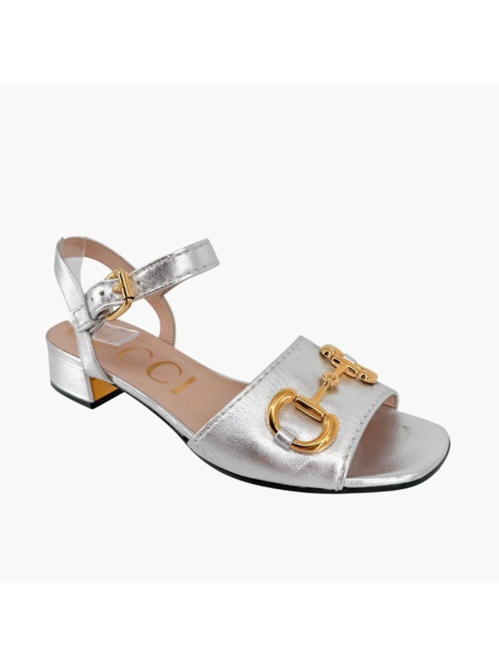 Gucci Baby Horsebit Sandals Metallic Silver Leather Size 38.5 US 8.5 Women Flat - Picture 8 of 15